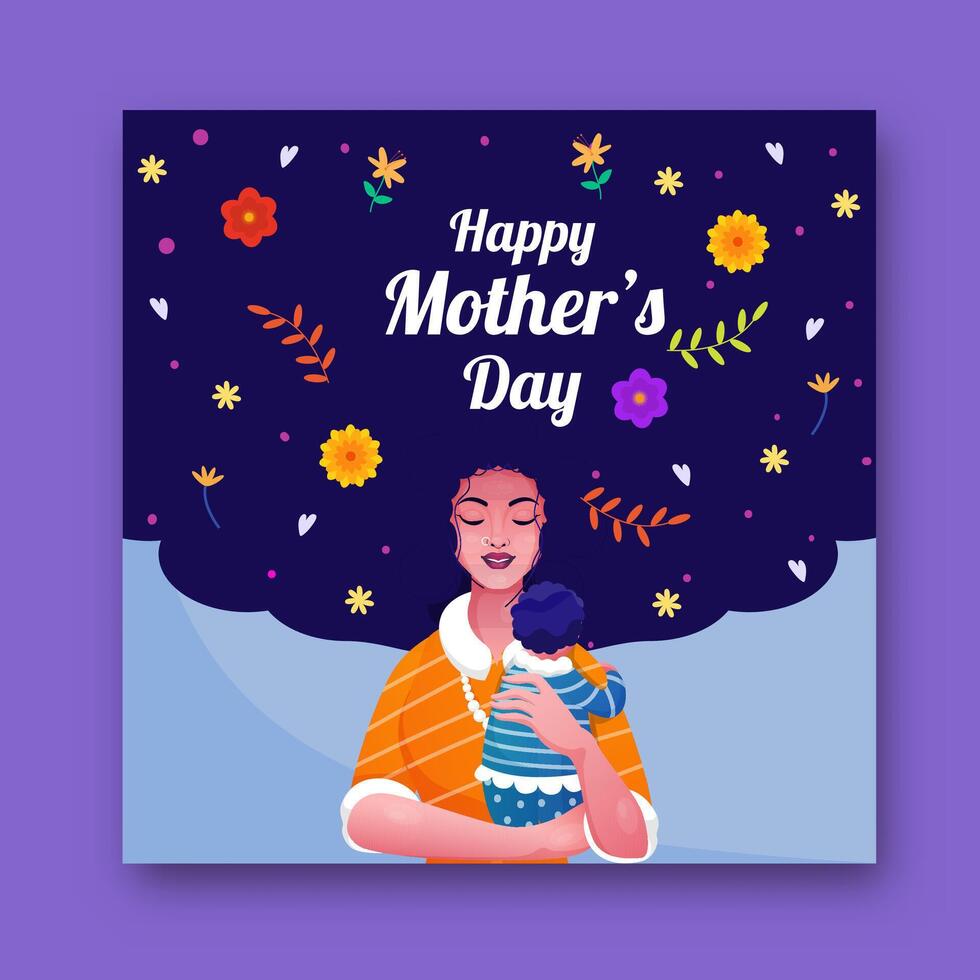 Happy Mother's Day Greeting Card with Heartfelt Mother Holding Her Newborn Baby Cartoon in Flower and Leaves Background. vector