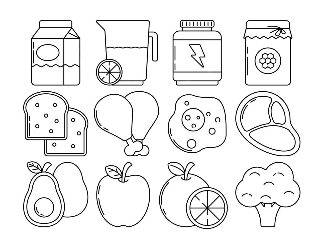 Outline icons of sport nutrition food including milk, juice, supplements, bread, eggs, meat, fruits, and veggies, great for diet plans, health apps, and food infographics. vector