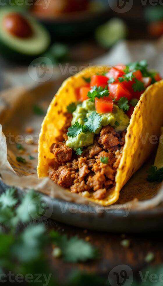 Close up shot of a delicious hard shell taco with meat, guacamole, and toppings photo