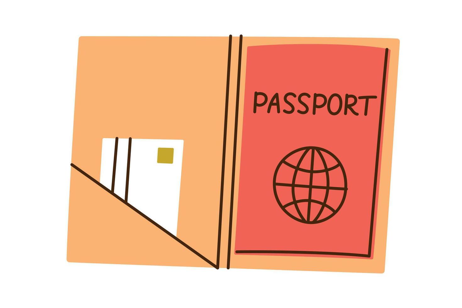 Cartoon style illustration of passport in cute cover with bank card. Travel essentials for women, summer holidays, vacation planning mood, document holder doodle icon, isolated colored clipart vector