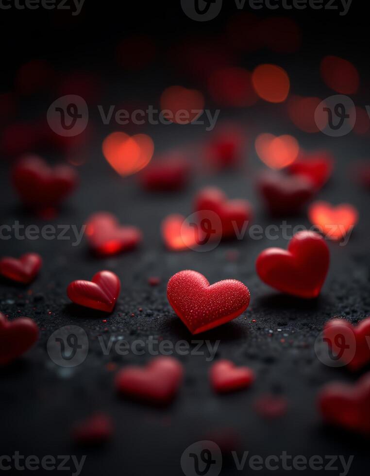 A dark background is scattered with glowing red heart shapes and bokeh lights photo
