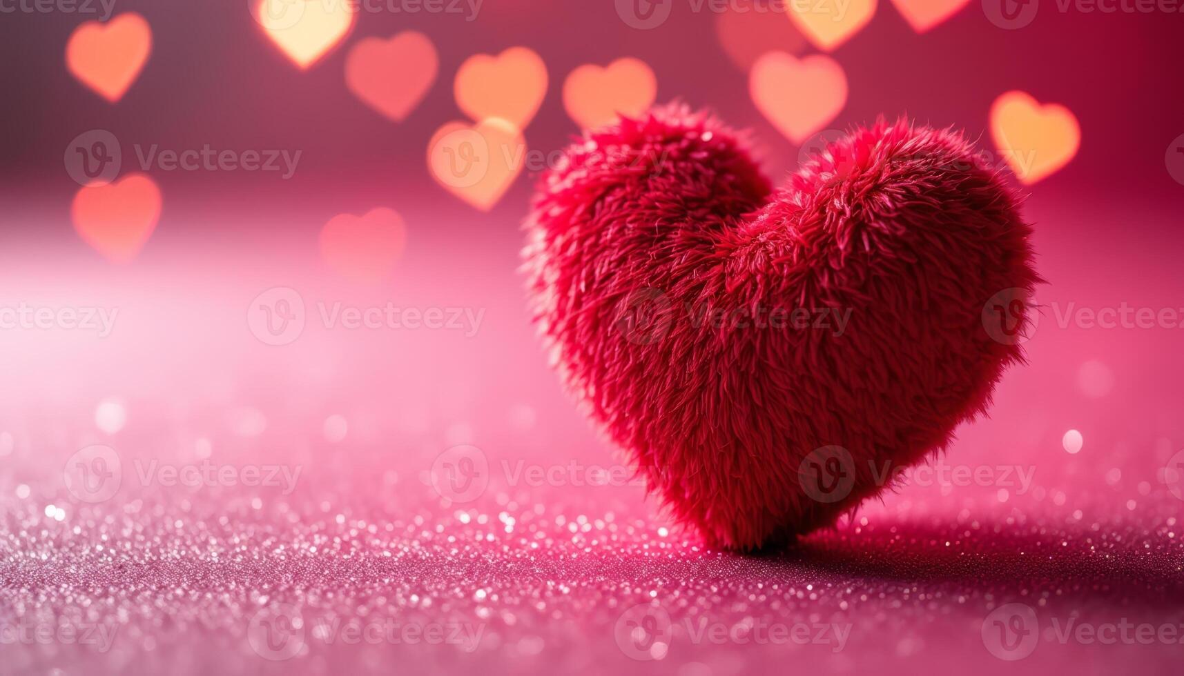 A fuzzy red heart sits on a sparkling pink surface with heart-shaped bokeh lights in the background photo
