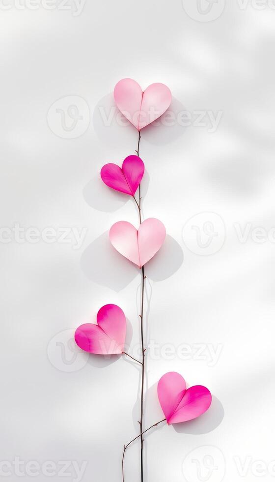 Five paper hearts on a branch against a white background with shadows and copy space photo