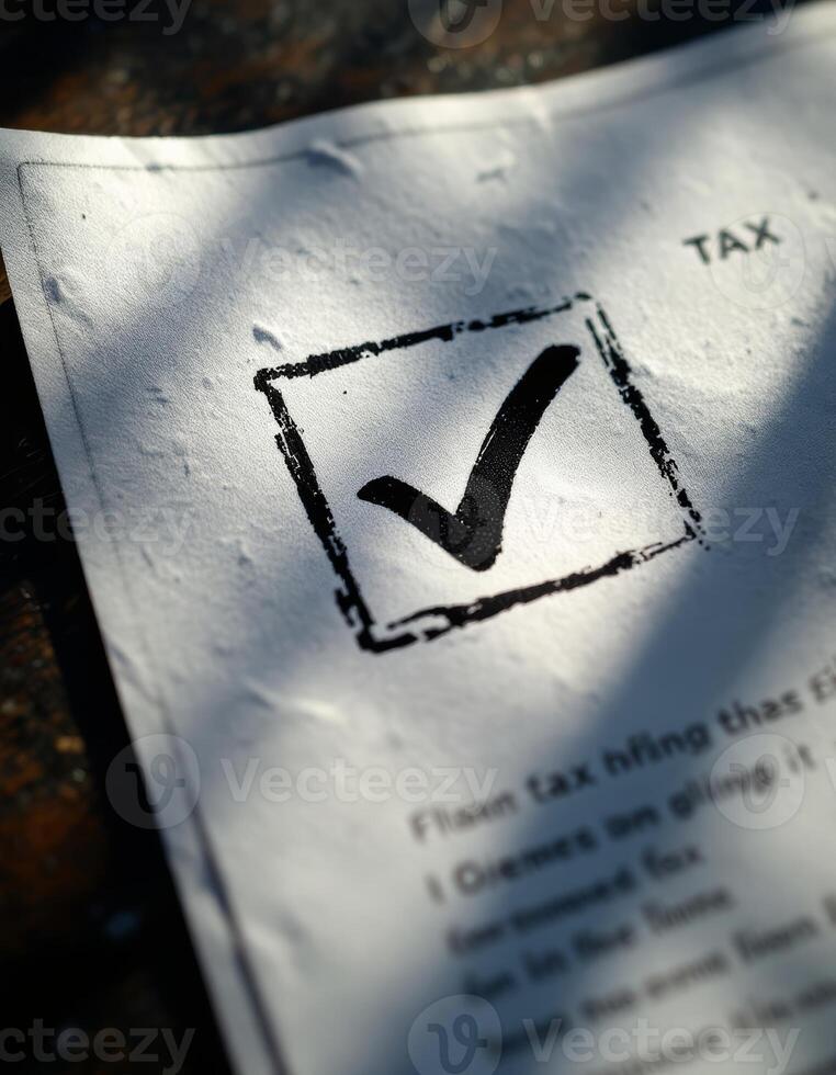 A closeup of a tax document with a checkmark showing completion under sunlight photo