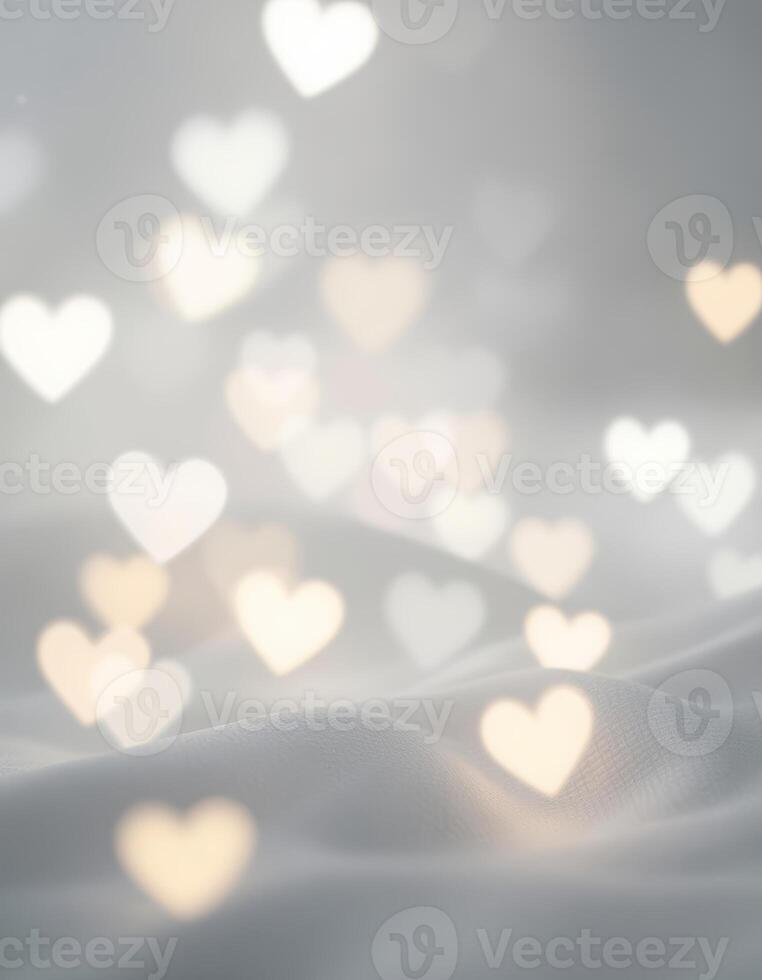 Abstract background with soft white fabric and floating heart shaped bokeh lights photo