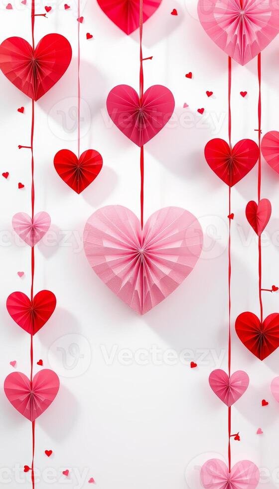 Hanging red and pink paper hearts on strings create a festive Valentines day backdrop photo