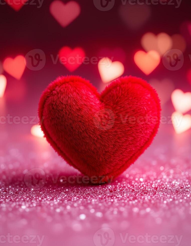A vibrant red heart pillow on a pink glittery surface, with heart bokeh lights photo