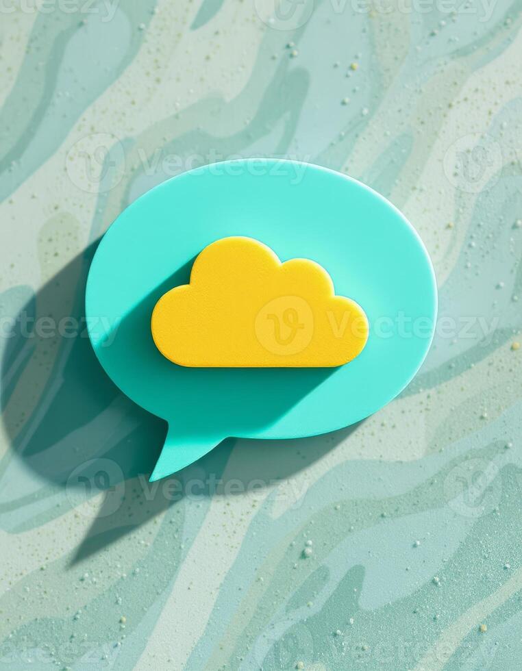 A vibrant graphic of a yellow cloud inside a light blue speech bubble on a textured background photo