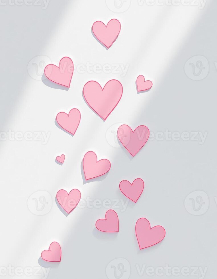 A collection of pink hearts floating down on a white background with shadows and sunlight photo