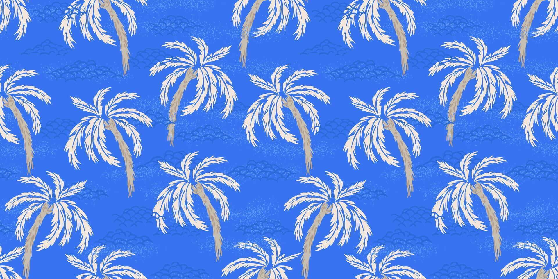 Seamless tropical pattern with hand drawn palm trees, ocean waves, and textured details on a bright blue background. Ideal for beachwear, summer designs, wallpapers, exotic themed decorations. vector