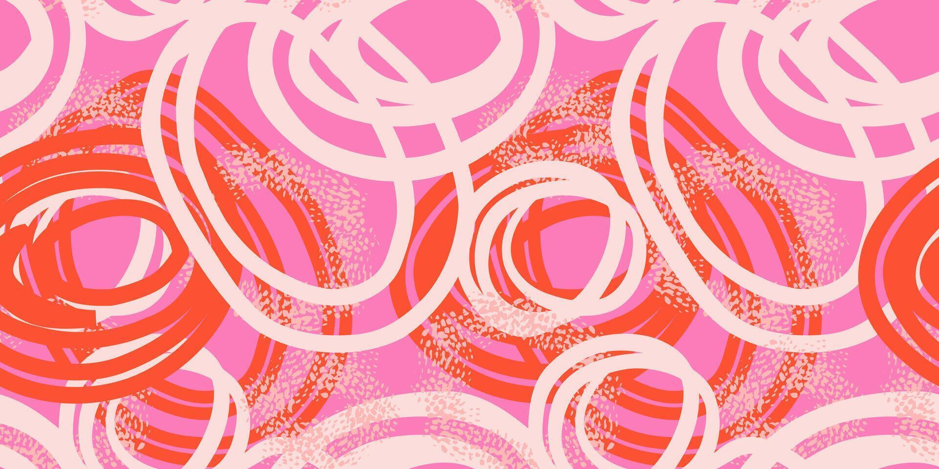 Seamless pattern with abstract hand drawn circles in pink and orange and coral tones. Dynamic, energetic brush strokes create a modern artistic design, perfect for textiles, packaging vector