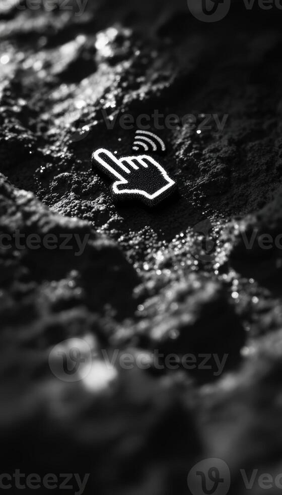 Monochrome image of a hand icon with wifi symbol on a textured surface photo