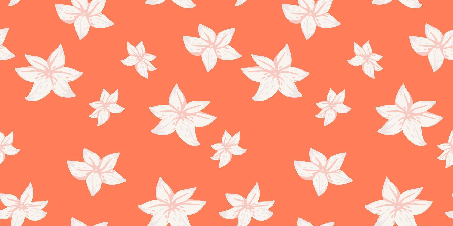 Seamless floral pattern with simple hand drawn white flowers on a vibrant orange background. Ideal for fabric, wallpaper, packaging, and summer-themed design projects. vector