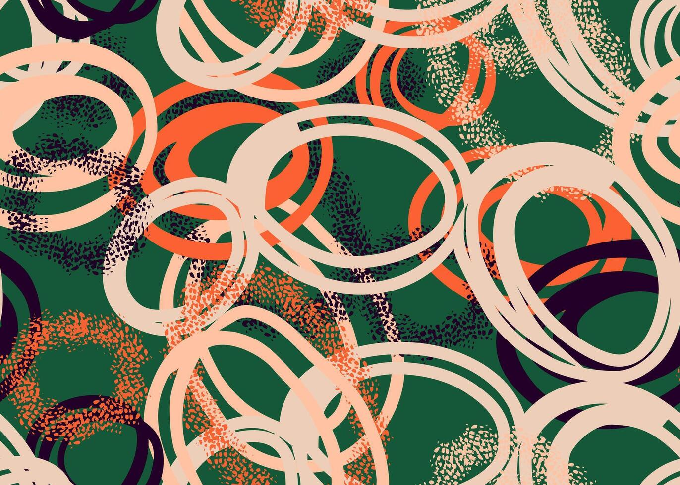 Playful colorful seamless pattern with hand drawn overlapping circles in white, orange, and black on a green background. Textured details add depth, ideal for modern designs, textiles vector