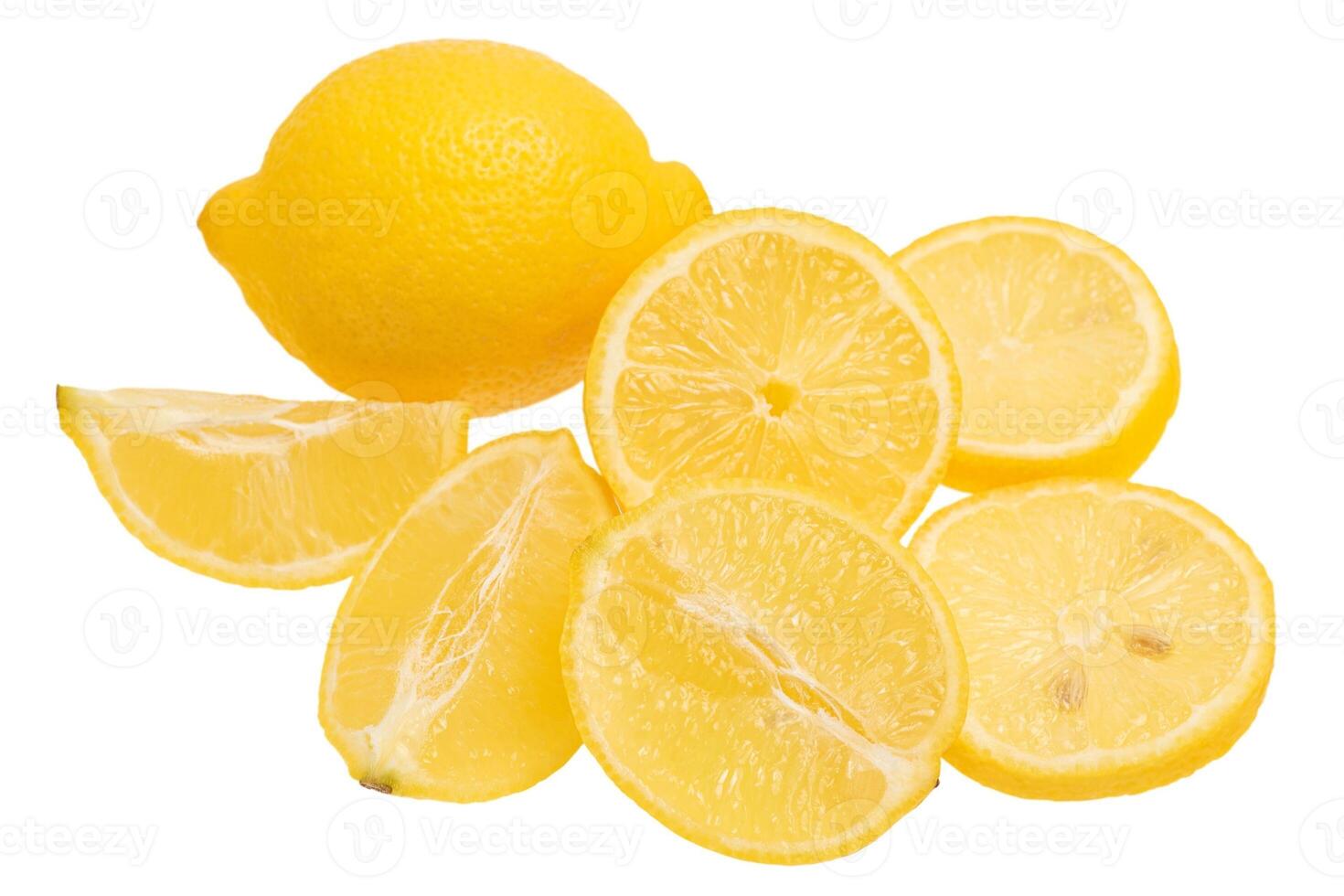 Whole lemon and sliced lemons isolated. Citrus fruit, lemon. photo