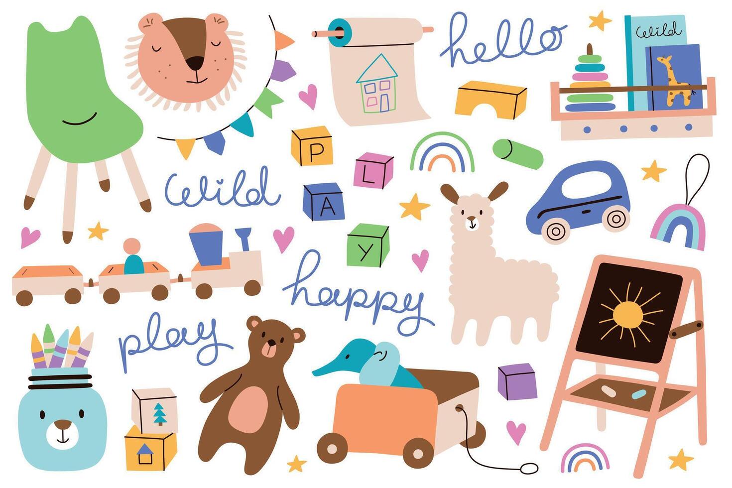 Cute collection of kids room toys, furniture, and accessories. Modern nursery decor with teddy bear, children books, drawing easel, cars, toy blocks, and creative elements. Flat cartoon doddles set vector