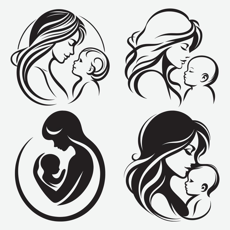 Mothers Day Silhouette Set Background Loving Mom and Baby