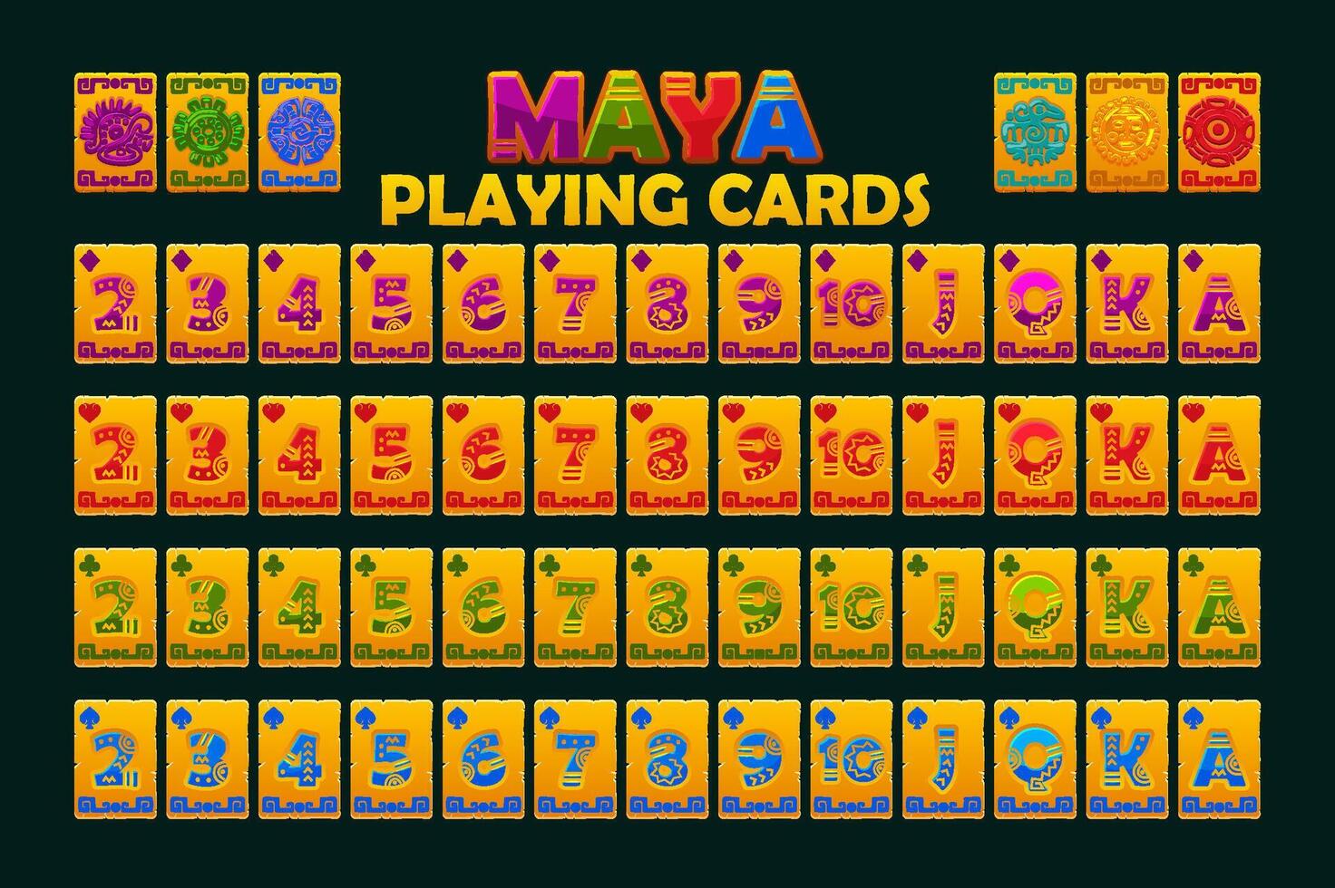 Cartoon Full deck of playing cards in Maya style. Set with isolated cards for Poker or Solitaire game UI. Golden full deck of cards. Each map is on a separate layer and is easily edited vector