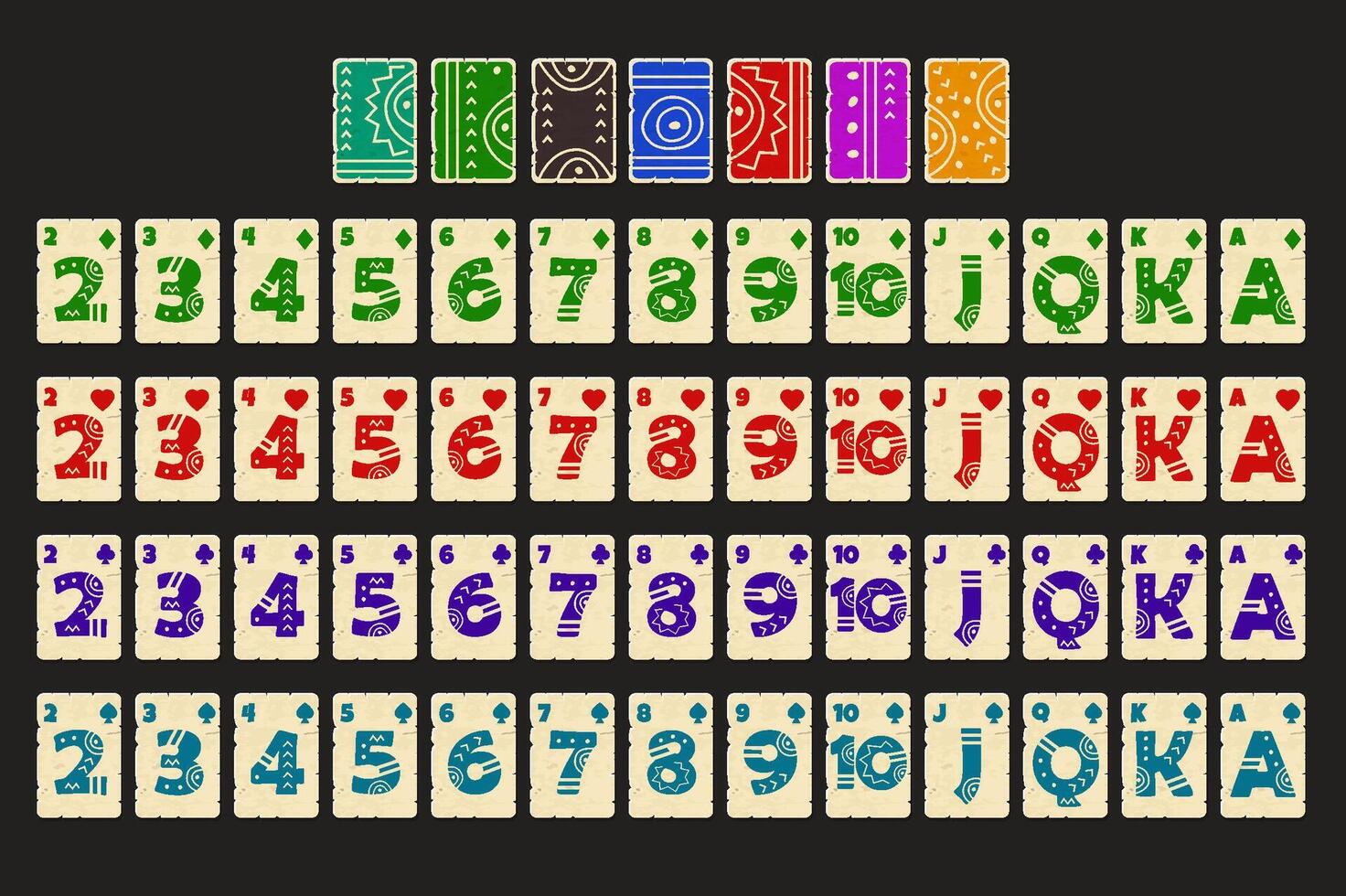 Cartoon Full deck of playing cards in Aztec style. Set with isolated cards for Poker or Solitaire game UI. Cartoon full deck of cards. Each map is on a separate layer and is easily edited. vector