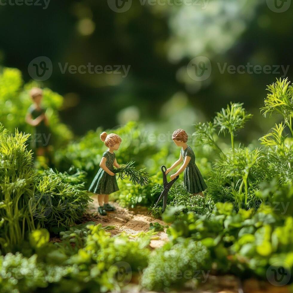 Tiny gardeners, no bigger than ladybugs, diligently cultivate a vibrant forest of parsley and dill. photo