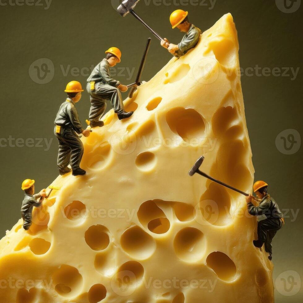 Tiny men, barely bigger than mice, in miniature denim overalls, scurry up the colossal Cheddar cliff. photo