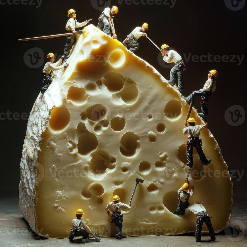 Little men in overalls climbing a large piece of cheese photo