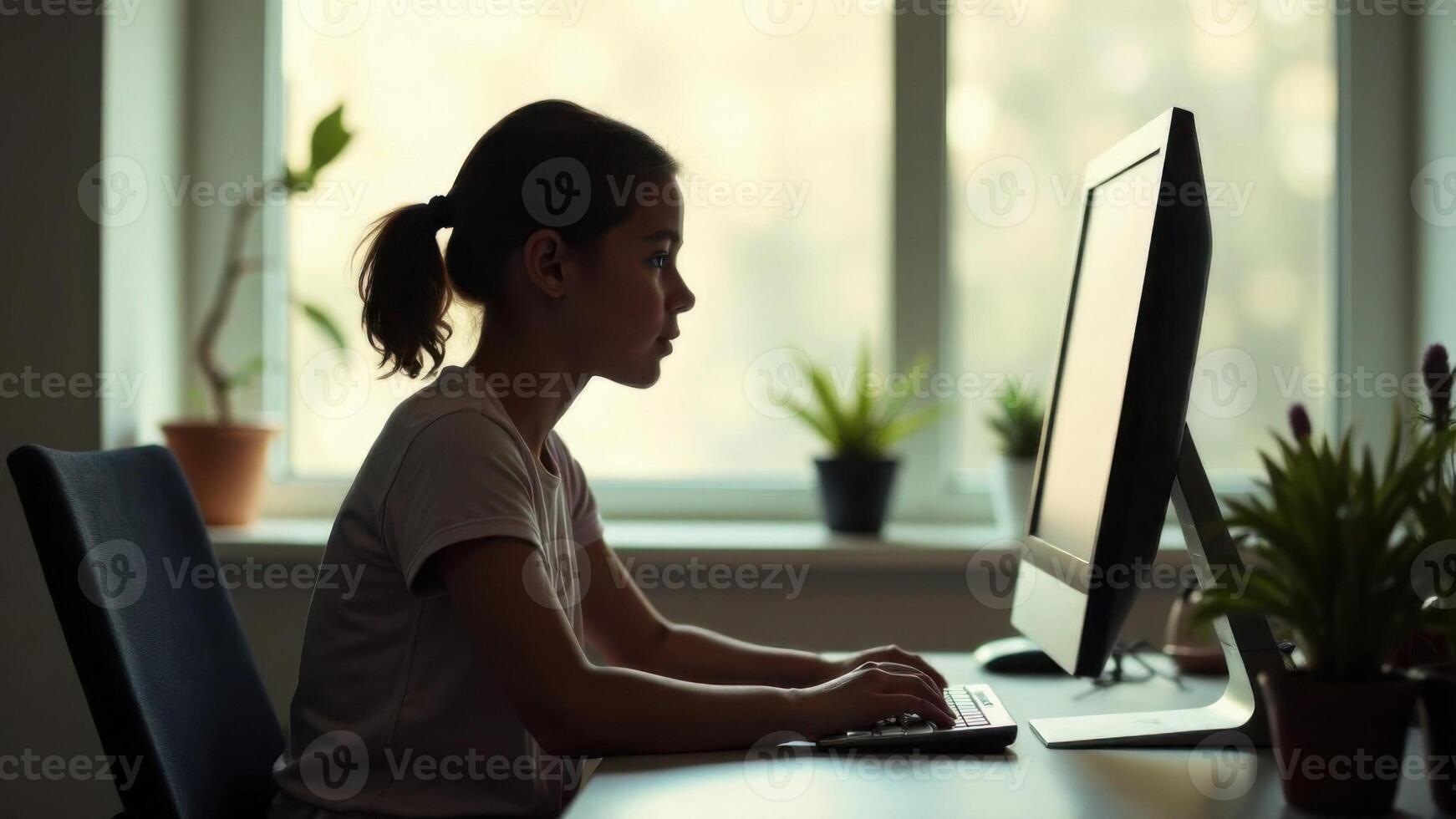 The Black girl stares intently at the computer screen, her fingers hovering over the keyboard as she wrestles with a particularly difficult problem. photo