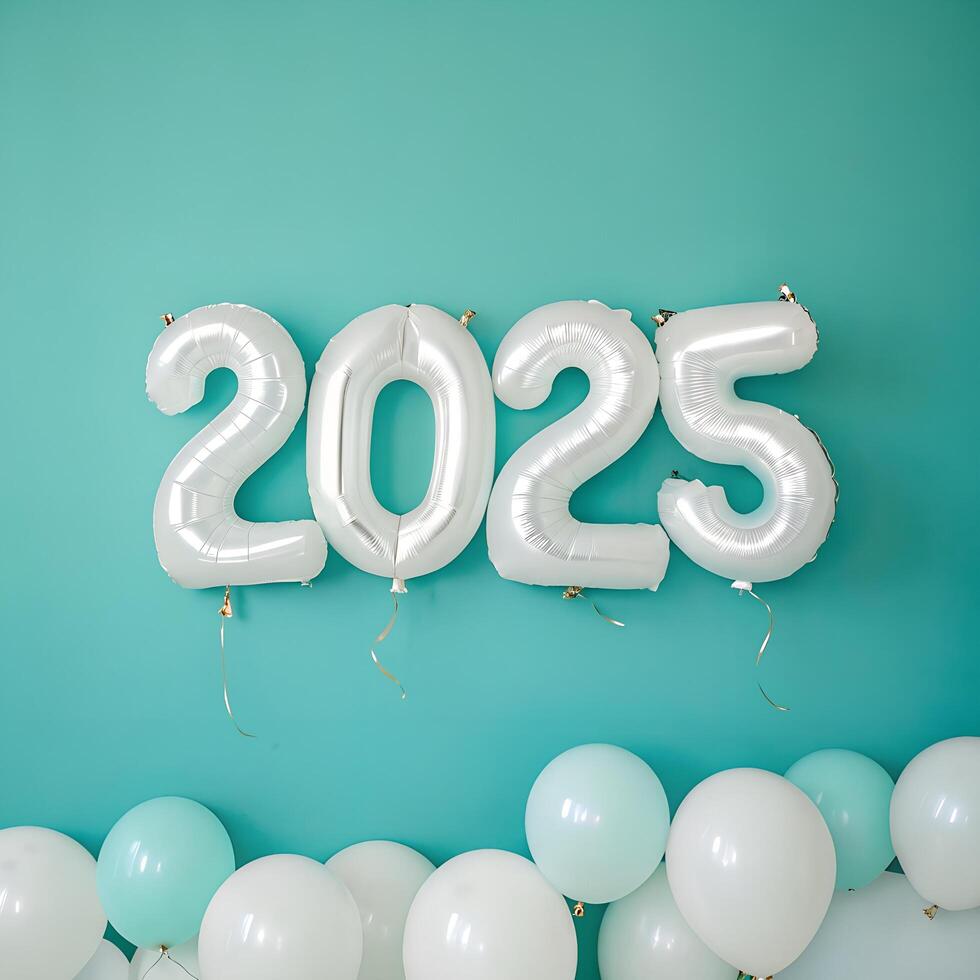 Silver 2025 Number Balloons Against Teal Backdrop with Teal and White Balloons photo