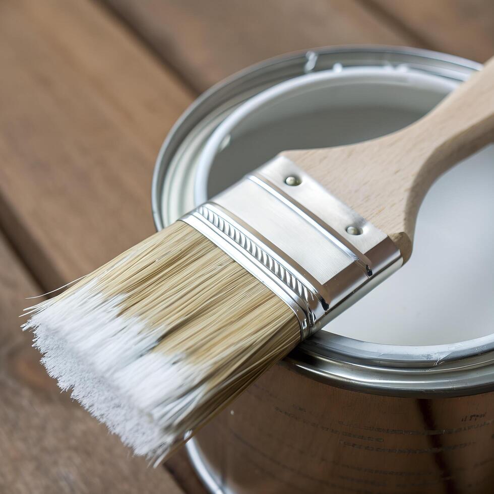 Paintbrush with White Paint on a Can with Wooden Handle and Wood Plank Background photo