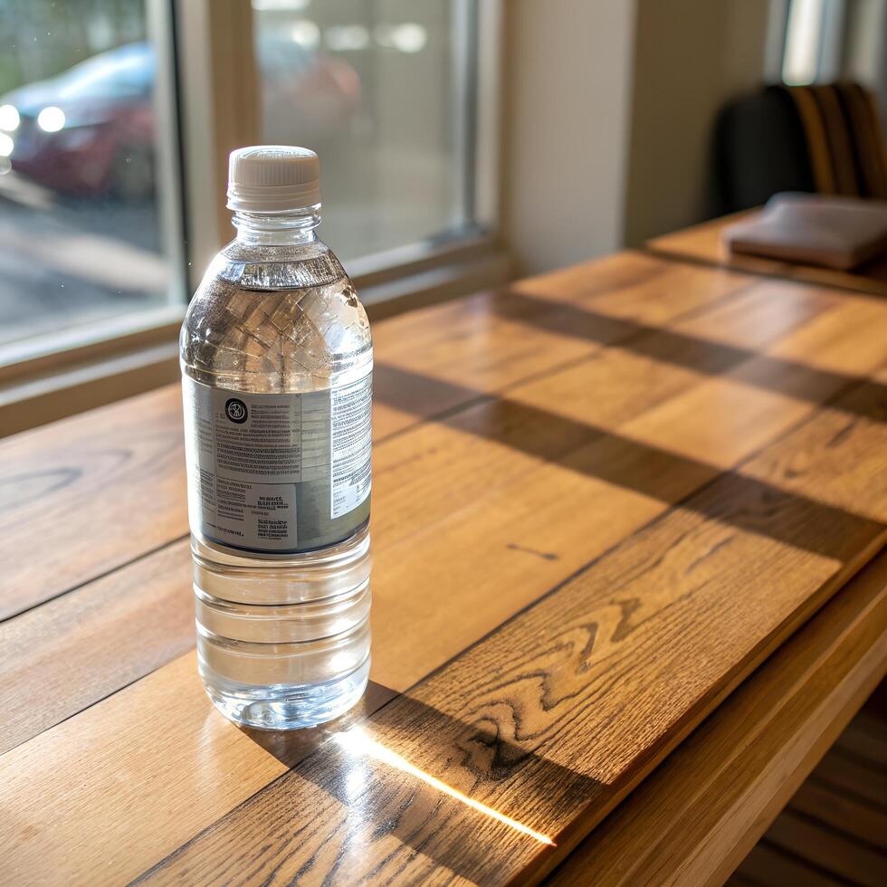 Water Bottle with Label on Wooden Table with Reflected Sunlight Near Window photo
