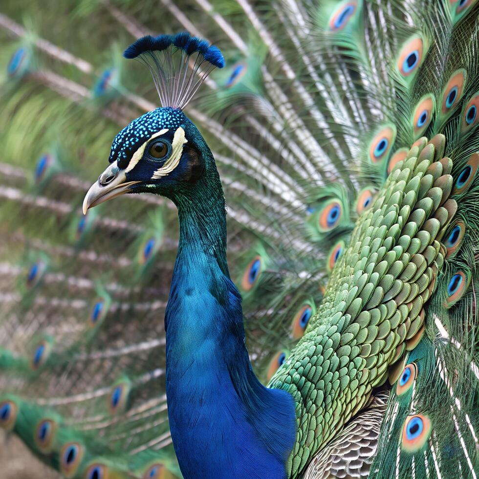 Majestic Peacock Profile with Intricate Feather Details and Vivid Plumage Display photo
