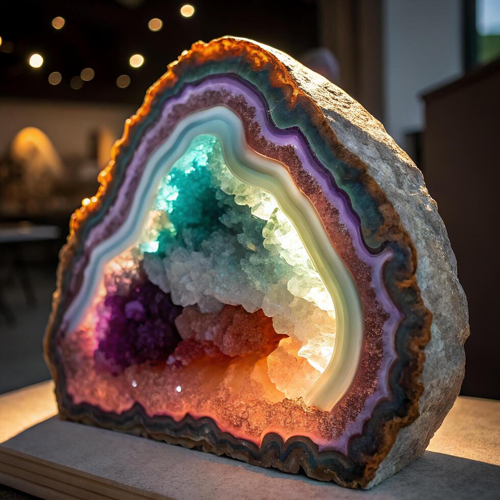 Colorful Layered Agate Geode Specimen Featuring Crystalline Interior with Backlit Glow photo