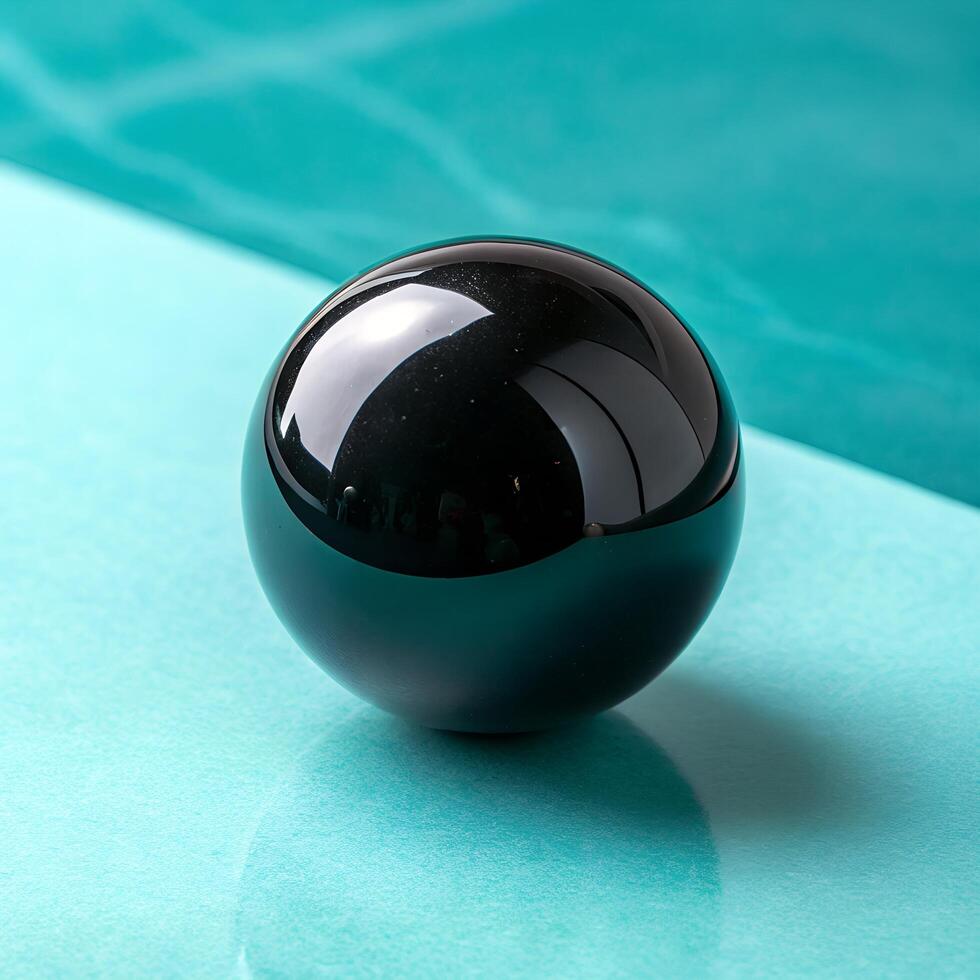 Reflective Black Sphere on Textured Teal Surface Still Life Composition photo