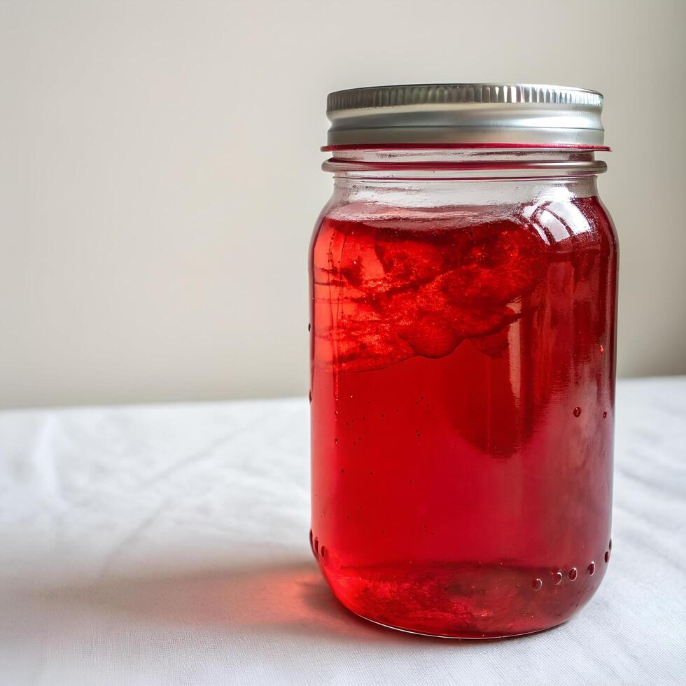 Glass Jar with Red Liquid and Silver Lid on White Fabric Surface, Still Life photo