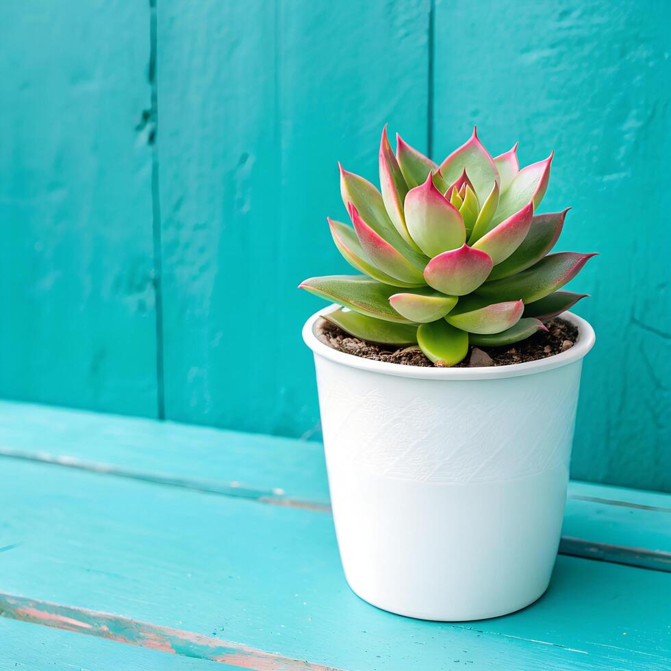 Echeveria Succulent in White Pot on Turquoise Wooden Tabletop Against Aqua Wall photo