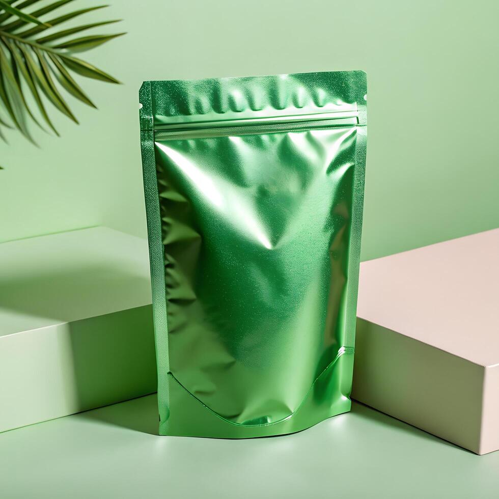 Metallic Green Pouch Mockup on Green Stage with Palm Leaf for Displaying Product photo