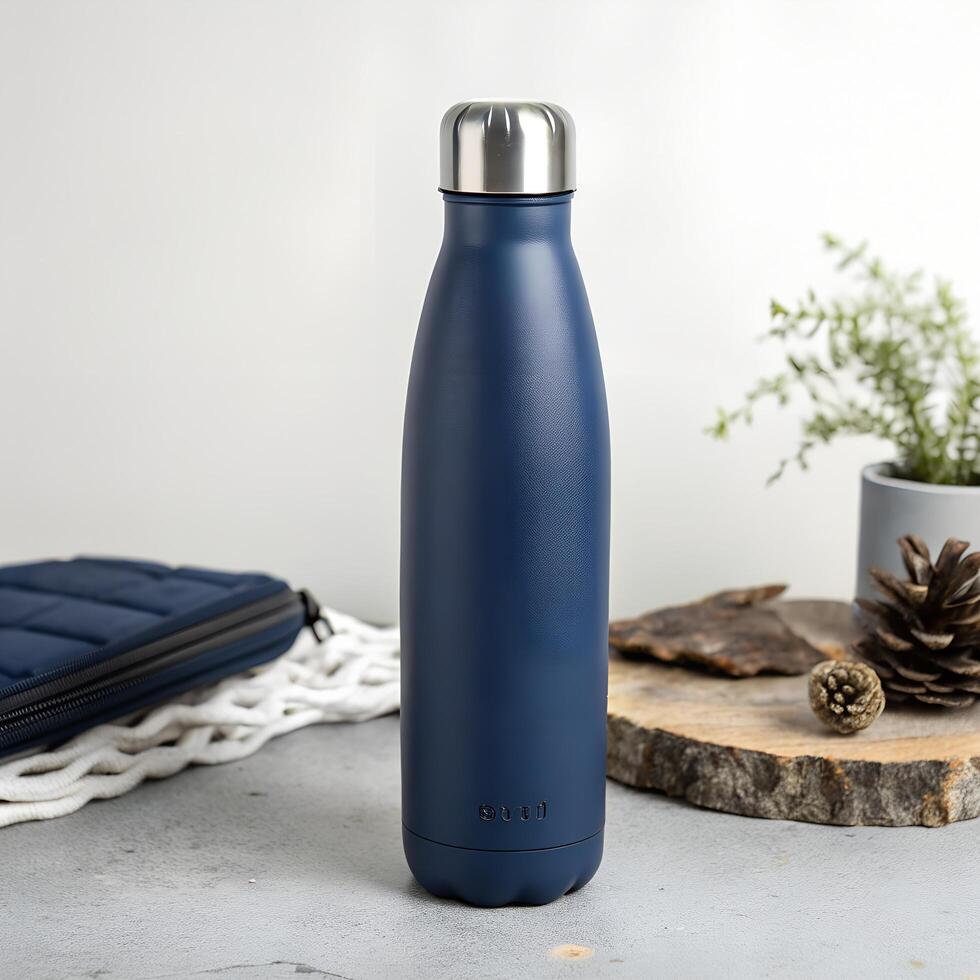 Insulated Navy Blue Bottle With a Silver Lid on Rustic Wooden Surface Still Life photo