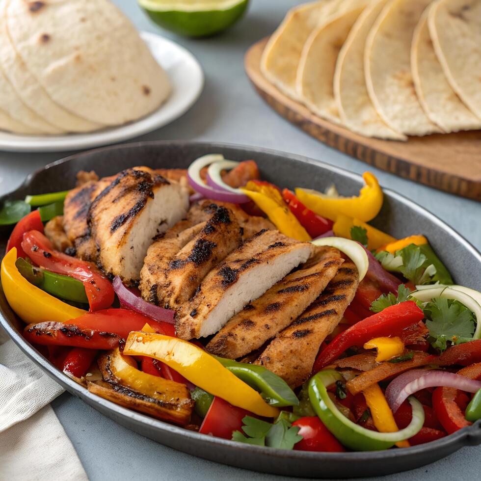 Grilled Chicken Slices with Red, Yellow and Green Bell Peppers in Cast Iron Plate photo