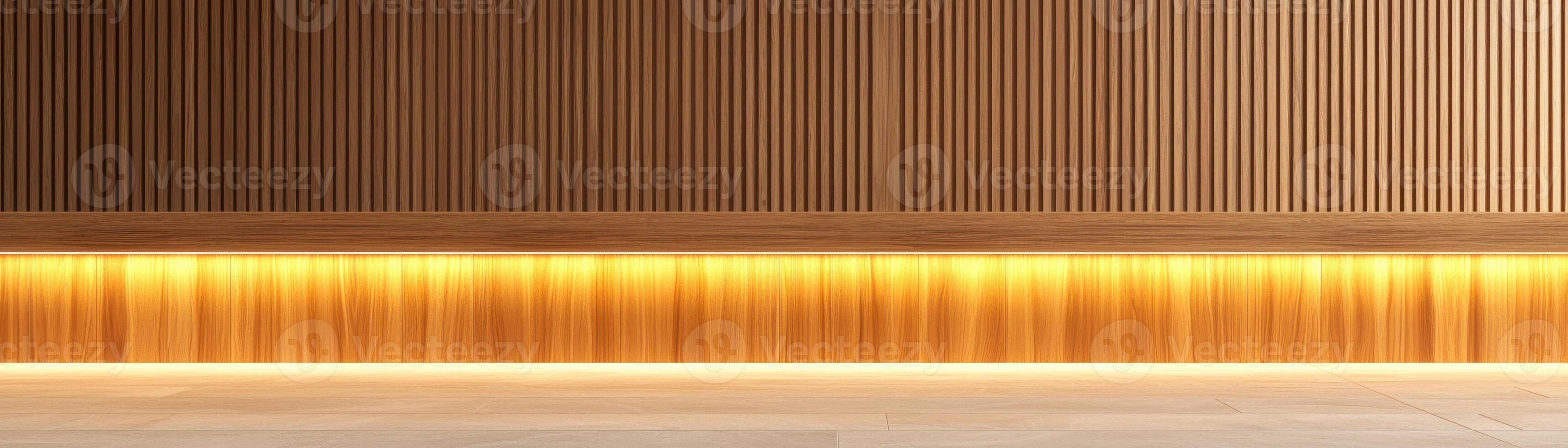 Warm wooden paneling with glowing lighting creates cozy atmosphere photo
