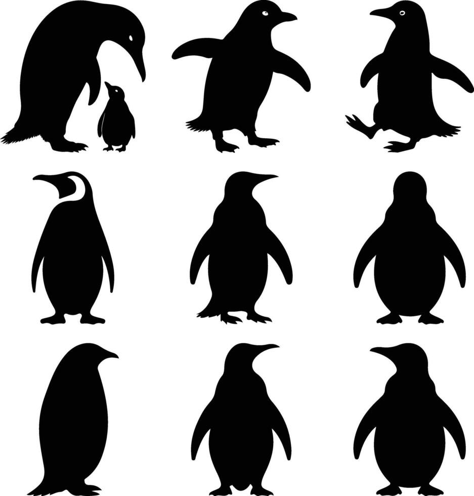 Nine Black Penguin Silhouettes Adult, Chick, Variations vector