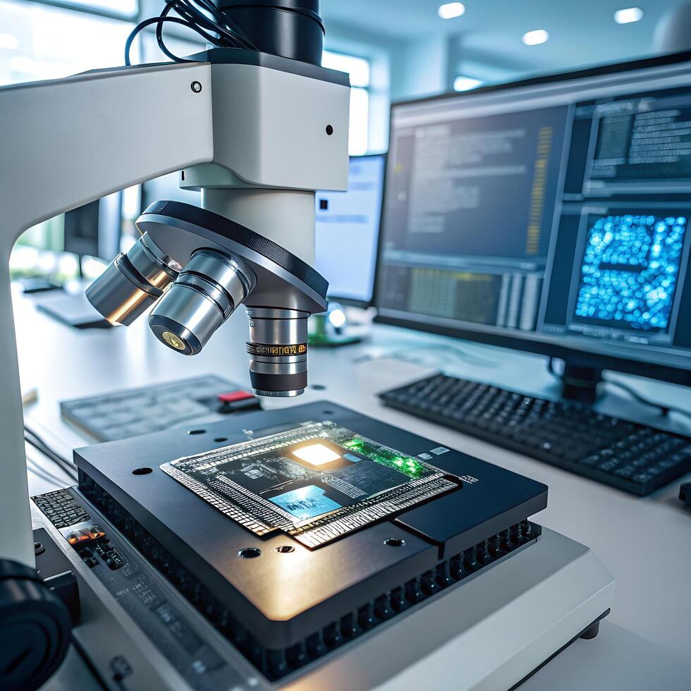 Modern Microscope Examining Silicon Chip on Lab Table with Computer Monitor photo