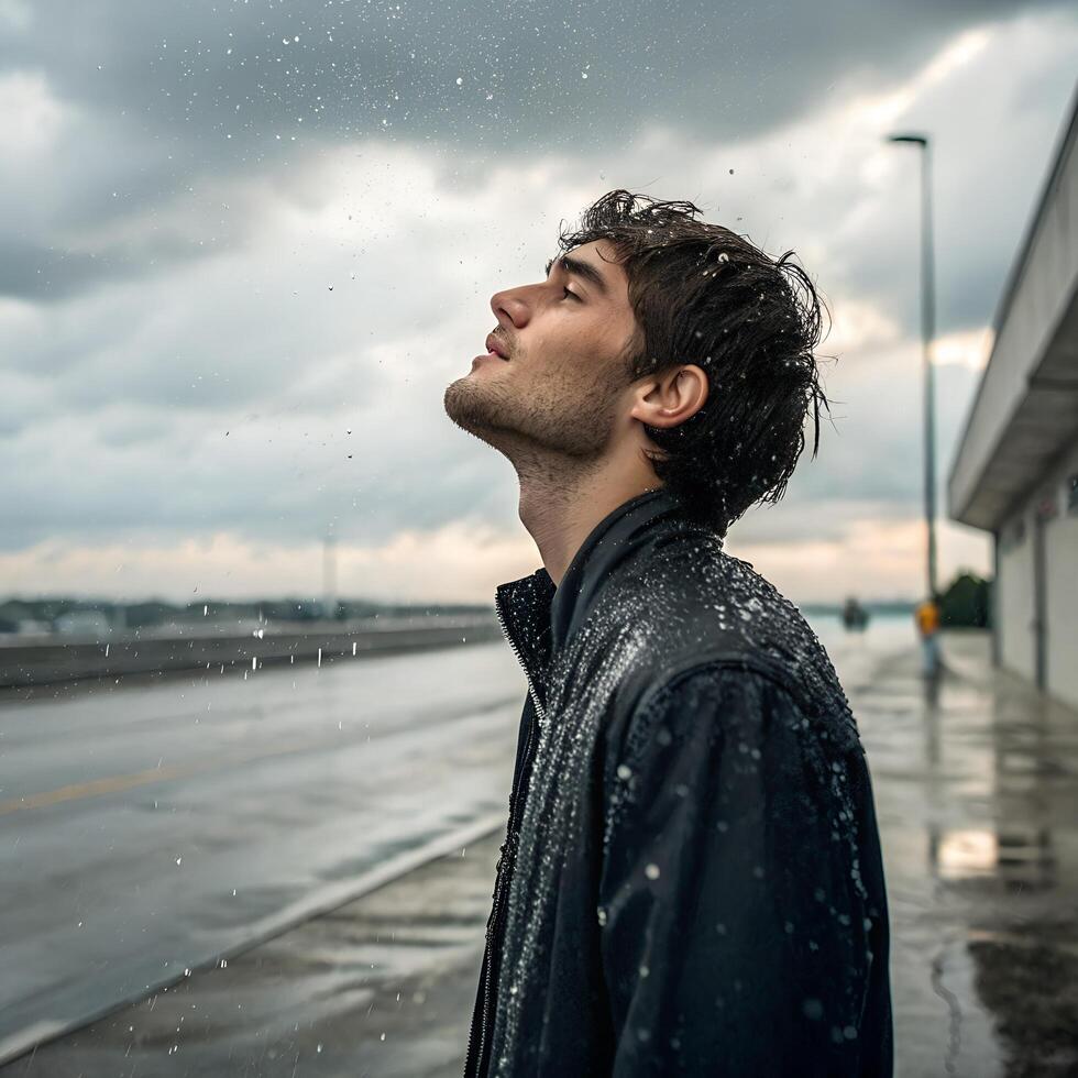 Handsome Man Looks Upward While Getting Soaked Under a Rainy Sky With Cloudy Weather photo