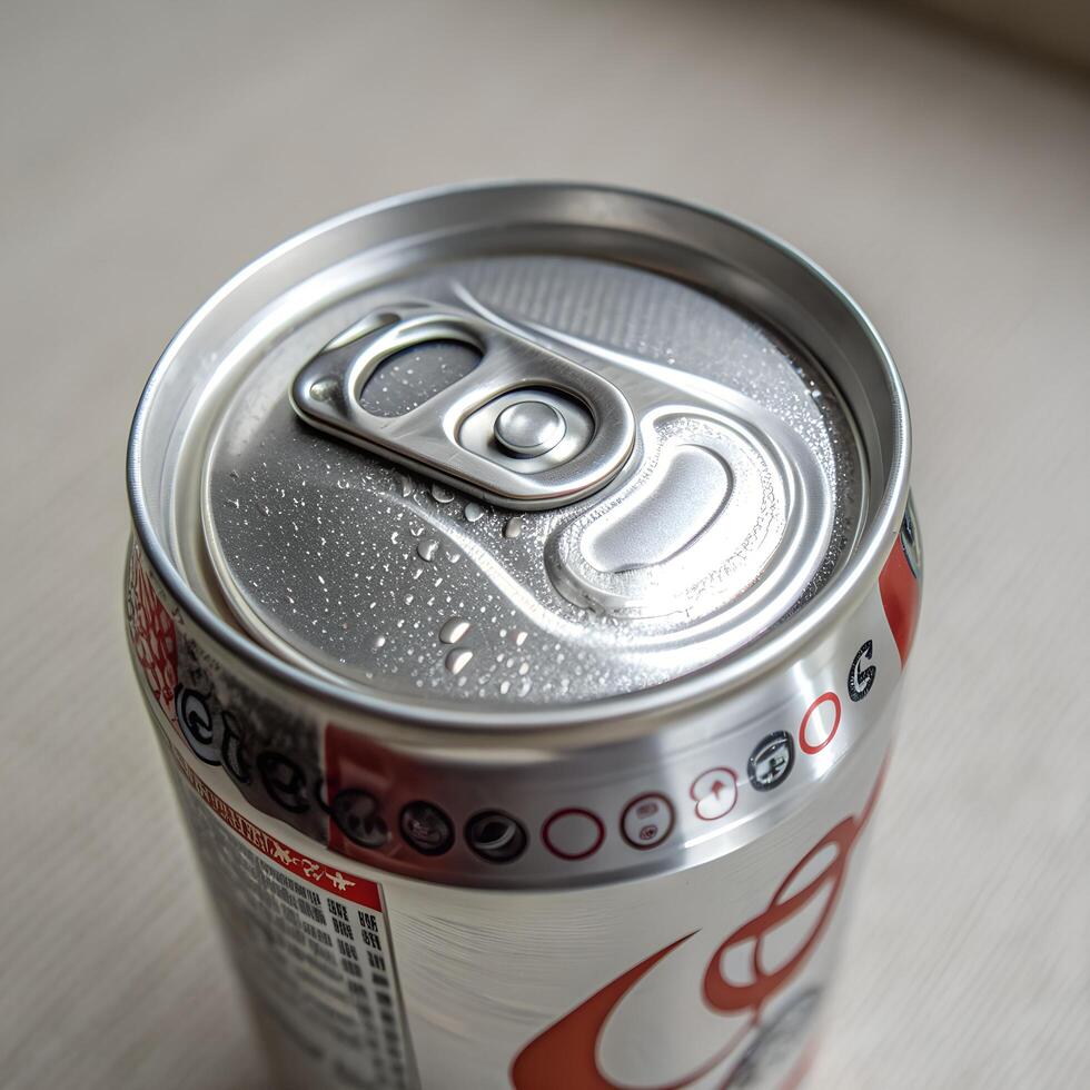 Aluminum Can Top with Condensation Droplets Closeup Shot on Neutral Backdrop photo