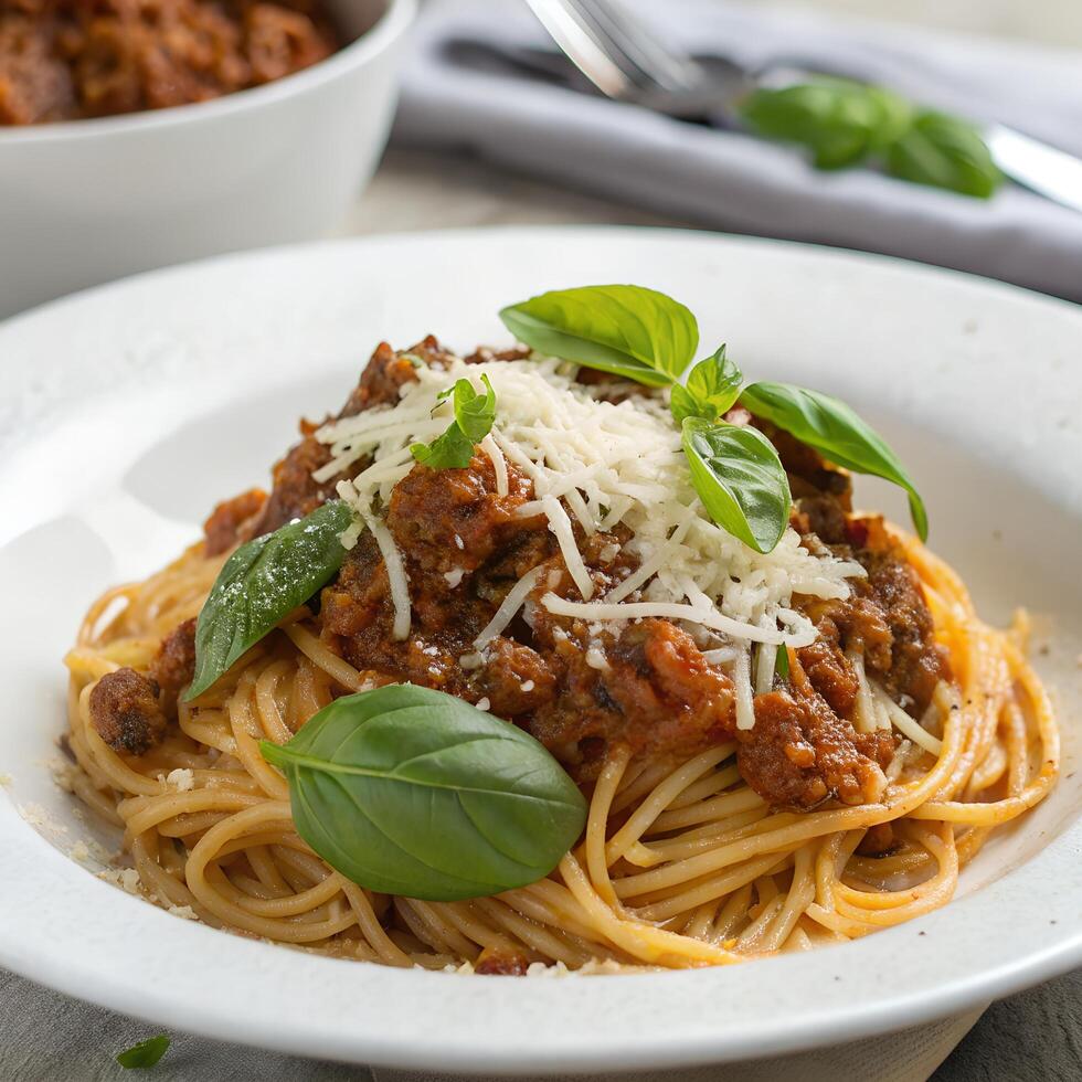Closeup of Spaghetti with Bolognese Sauce, Shredded Cheese and Basil Leaves on Plate photo