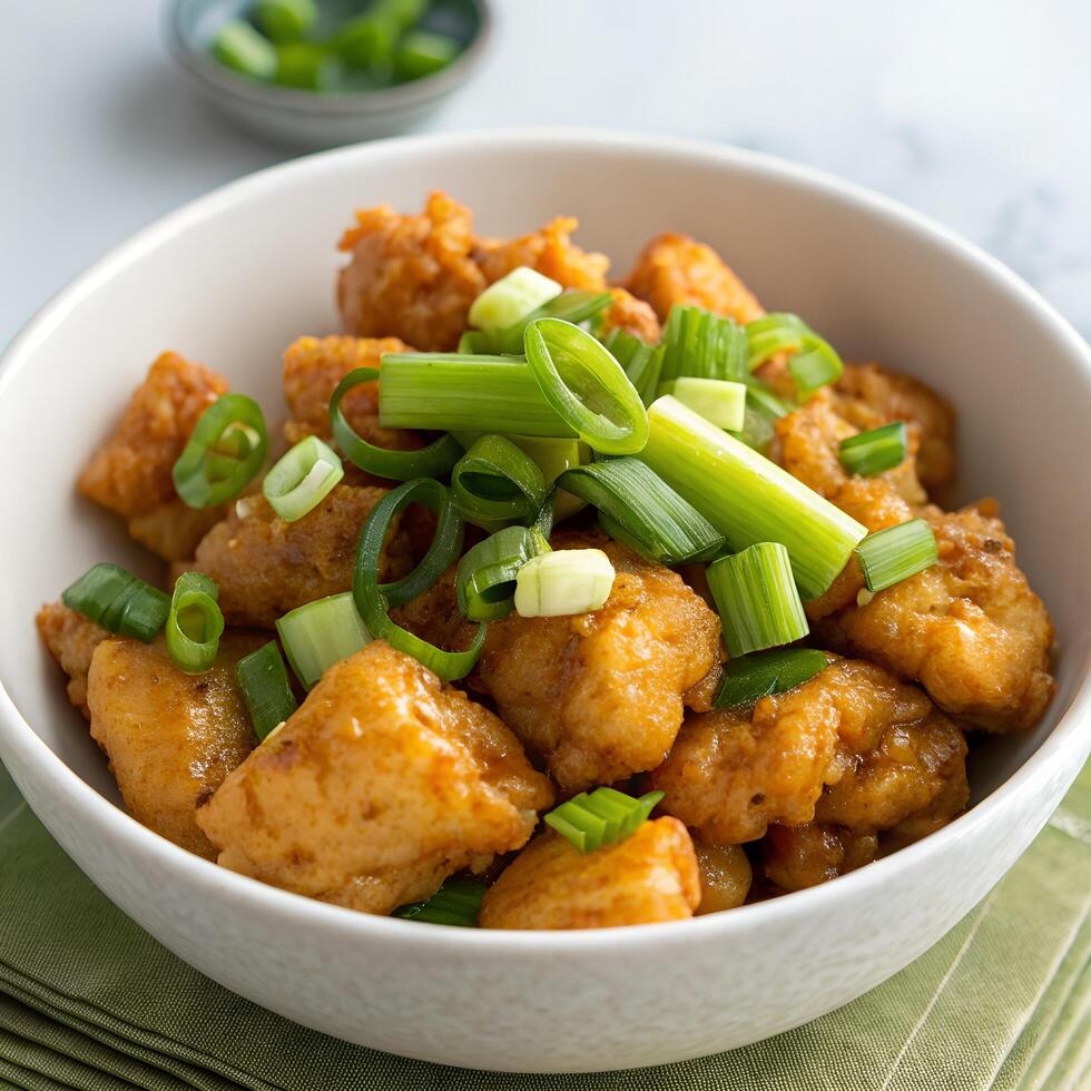 Crispy Chicken Bites with Fresh Green Onions in White Bowl on Textured Surface photo