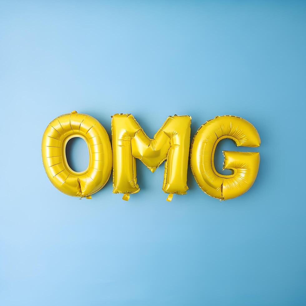 Golden OMG Foil Balloons Floating on Light Blue Background Flat Lay Style photo
