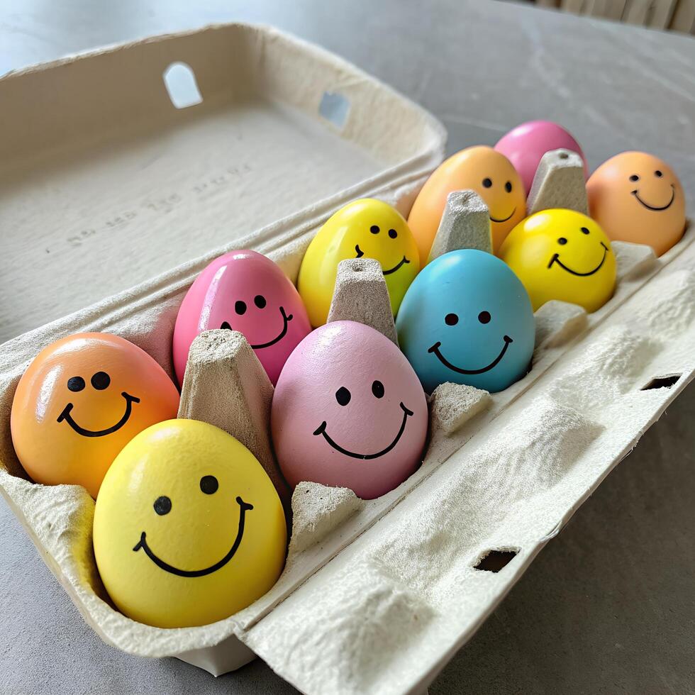 Happy Colorful Eggs, Smiley Faces, Carton Container, Fun Assortment, Holiday Bright photo
