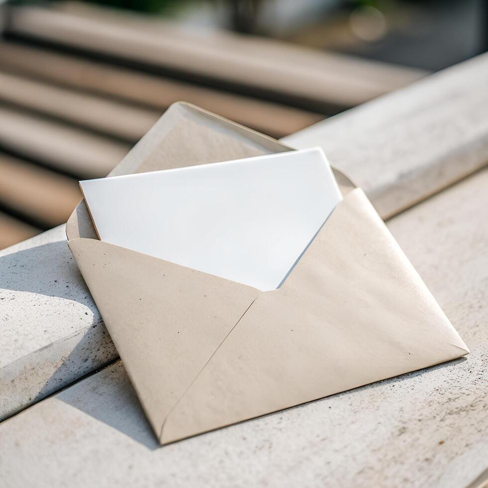 Envelope and White Card on Concrete Open Craft Paper, Invitation, Stationery photo