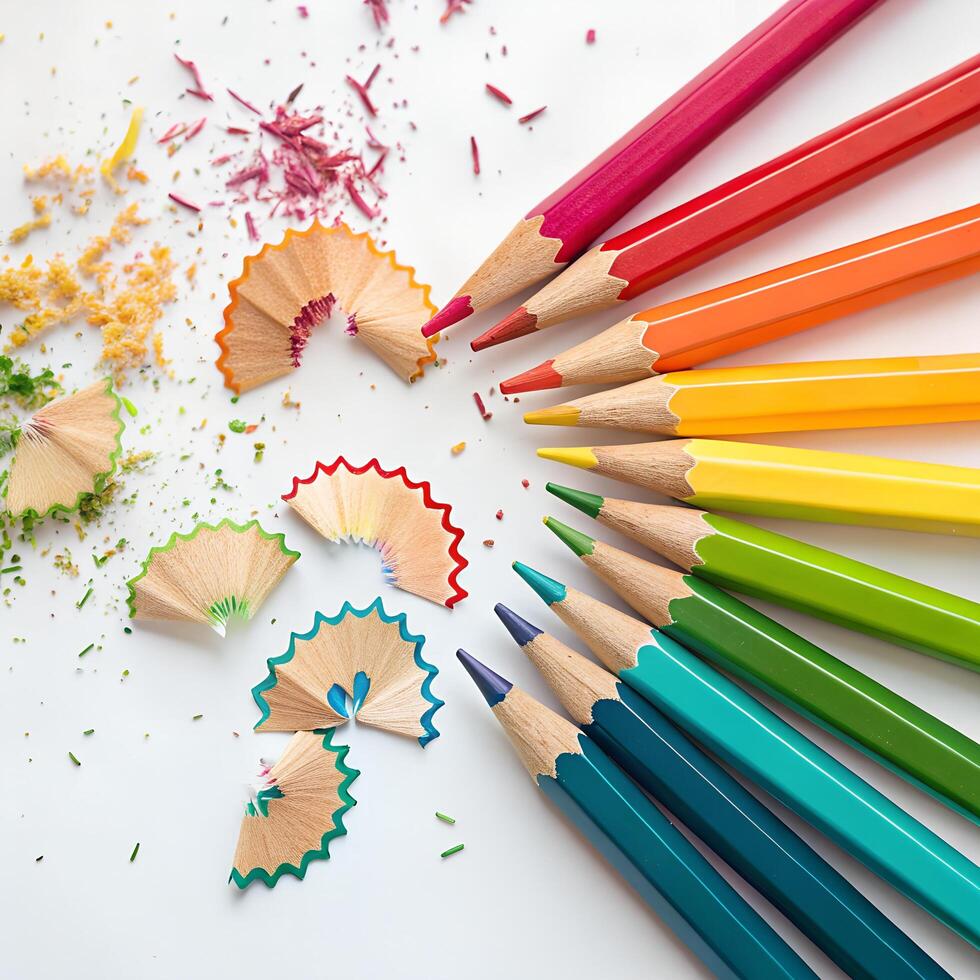 Row of Colorful Sharpened Pencils with Matching Shavings on White Background photo