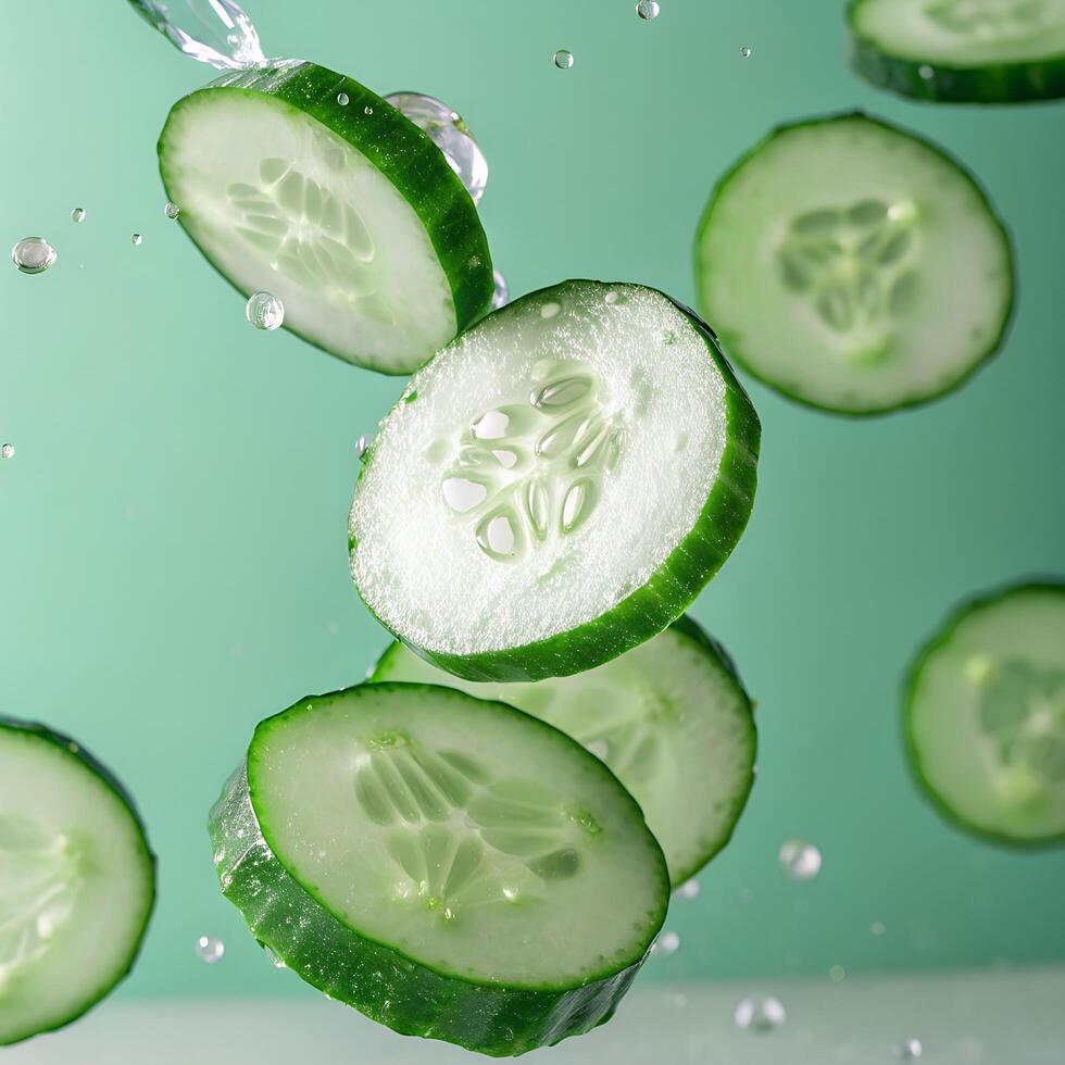Fresh Cucumber Slices Falling with Water Droplets on Green Background Macro Closeup photo